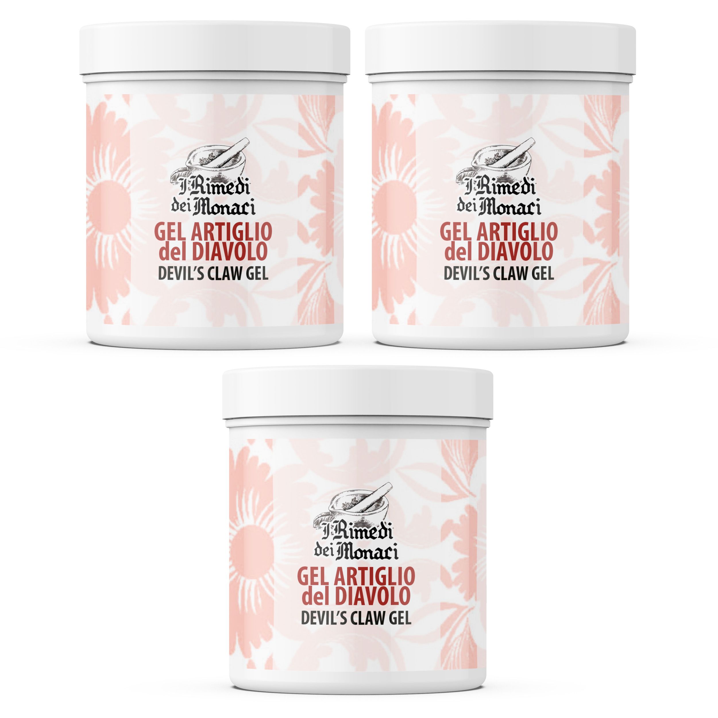 Drei weiße Tiegel mit rosa floralem Muster. Aufschrift: Gel Artiglio del Diavolo, Devil's Claw Gel. Marke: I Rimedi dei Monaci.