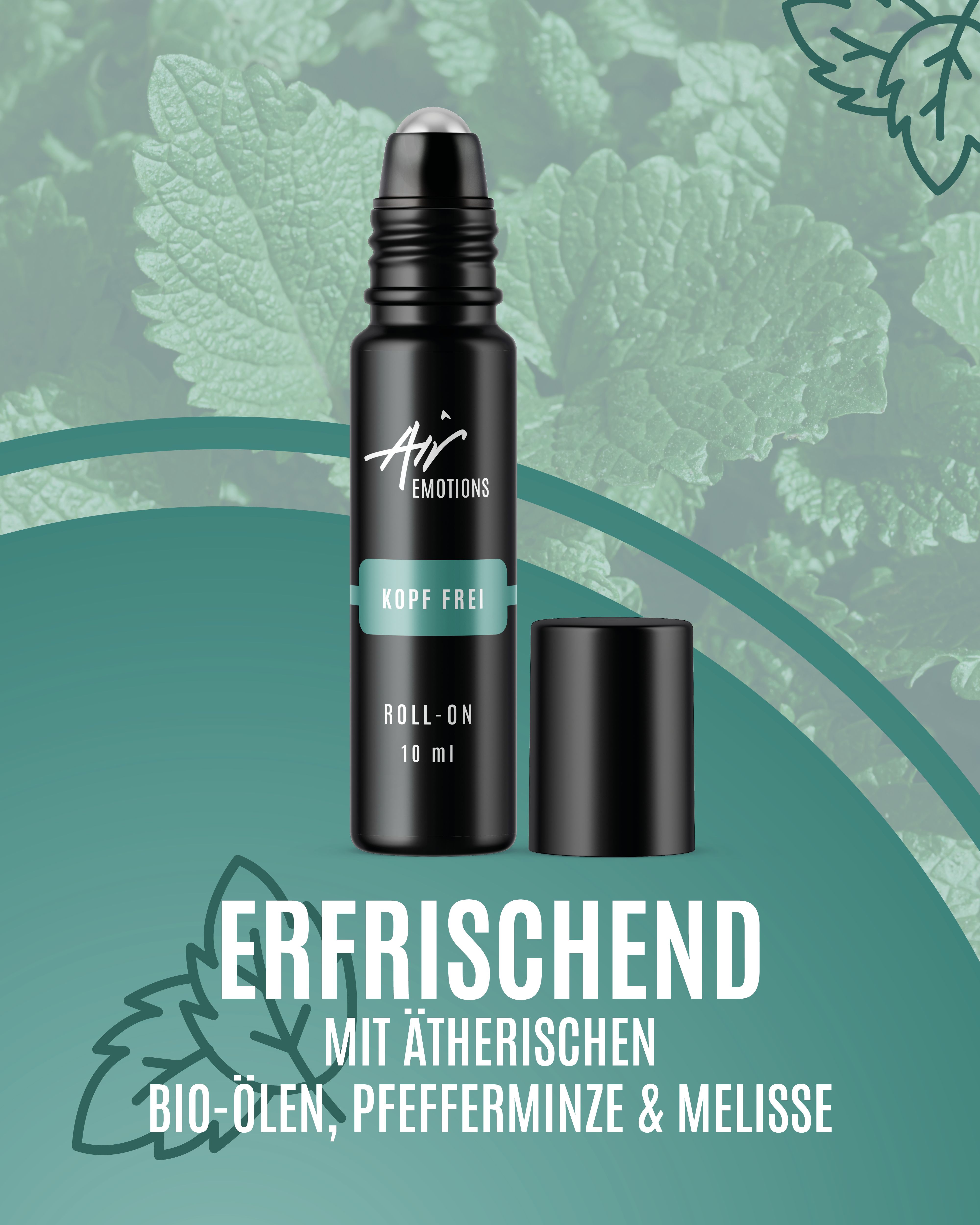 Schwarze Roll-On-Flasche mit "Kopf frei"-Etikett und Kappe. Text: "Air Emotions", "10 ml", und "Erfrischend".