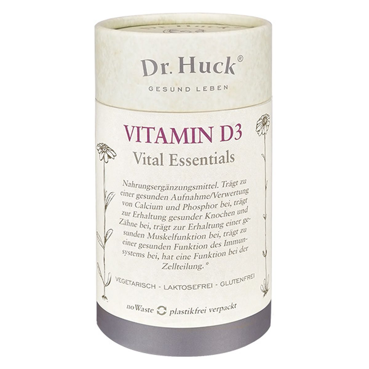 Dr. Huck Vitamin D3 Kapseln Vegan. Cilindrische kartonnen doos met opschrift: Vitamin D3, Vital Essentials. Vegetarisch, lactosevrij, glutenvrij.