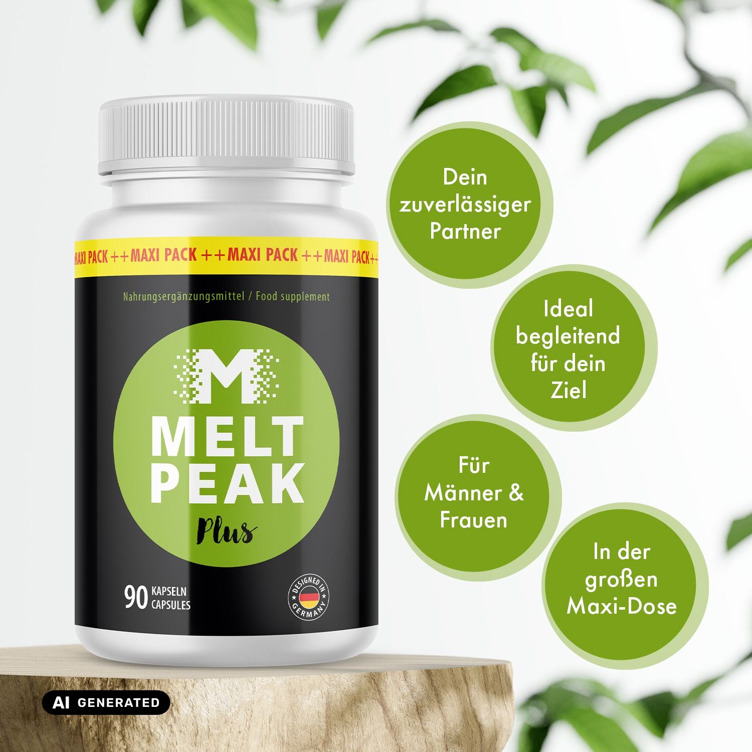 Melt Peak Plus Kapseln: 90 Kapseln in weißem Behälter. "Maxi Pack" und "Designed in Germany".