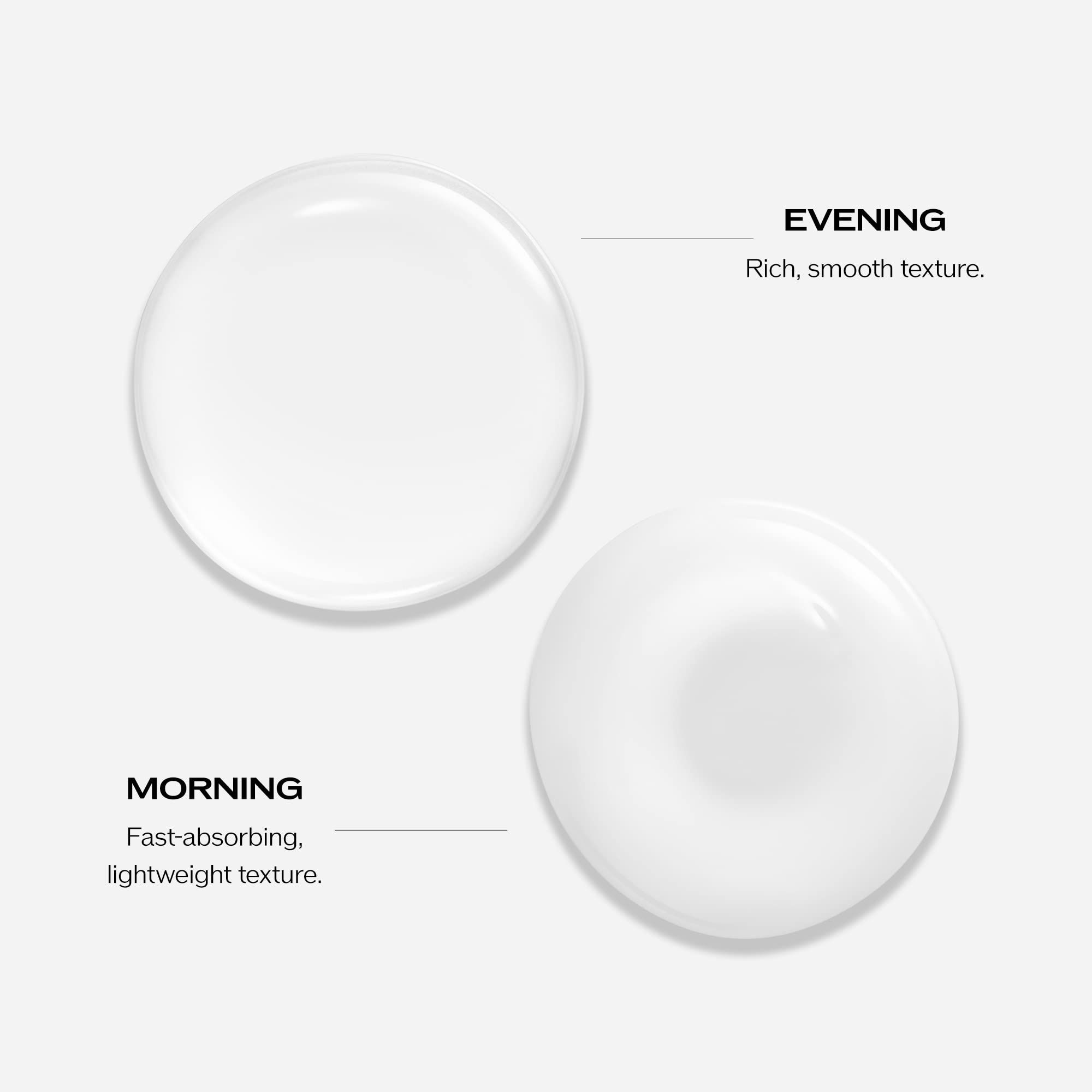 Zwei kreisförmige Serumproben. Oben: Abend, reichhaltige Textur. Unten: Morgen, schnell einziehende, leichte Textur.