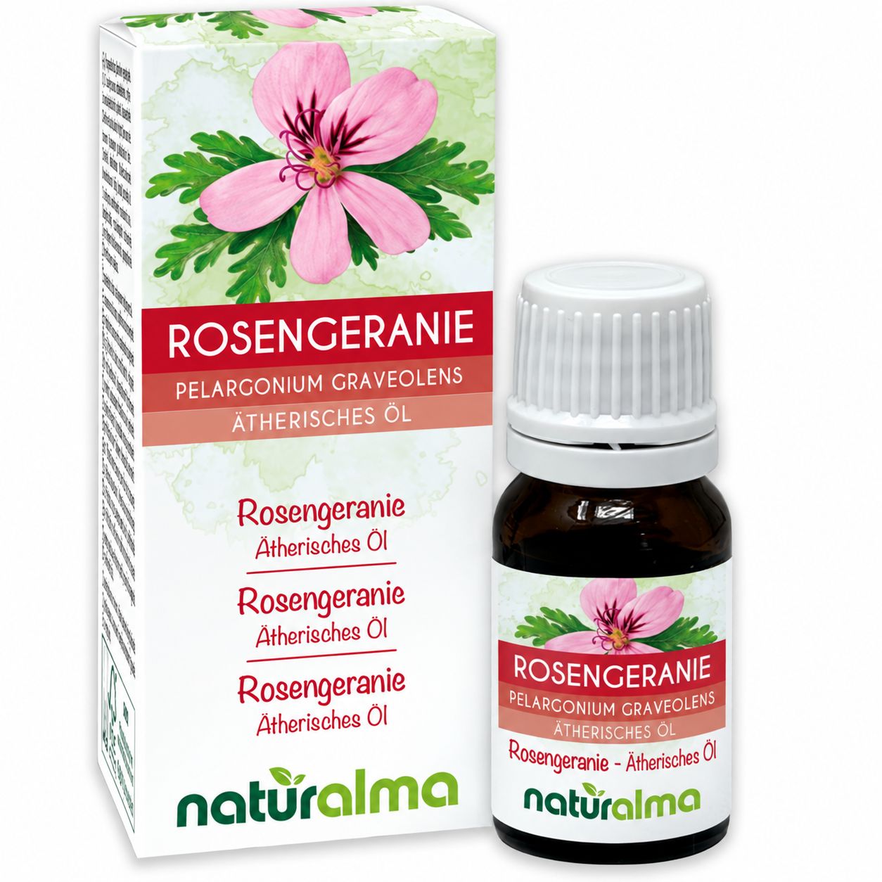 Flasche und Schachtel mit Rosengeranien-Ätherischem Öl von Naturalma.