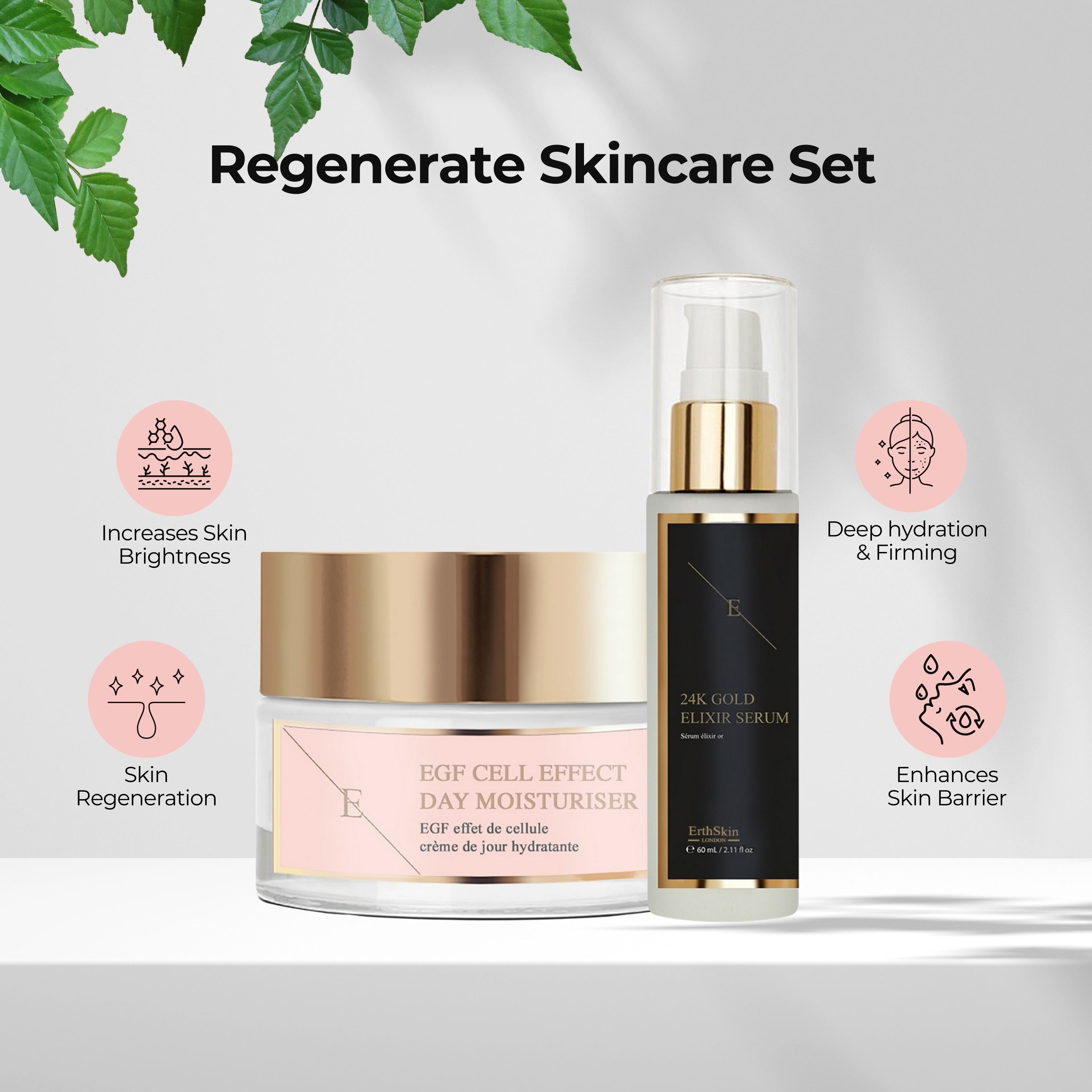 Hautpflegeset mit Tagescreme und Serum. Creme mit goldfarbenem Deckel und rosa Etikett. Serum mit schwarzem Etikett und goldfarbenem Deckel.
