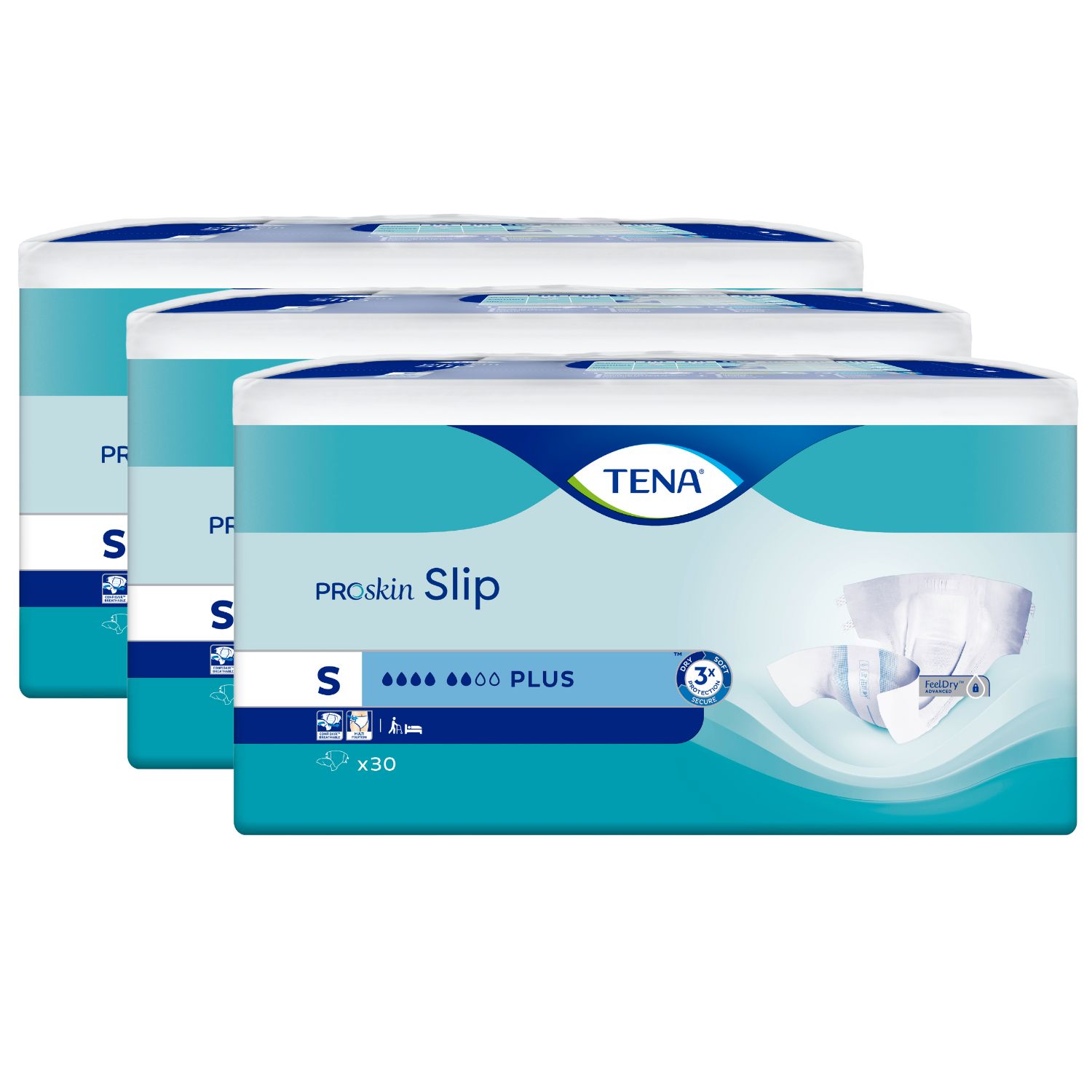 Drei Packungen TENA ProSkin Slip S. Blaue Verpackung mit Produktabbildung und Logo. Enthält 30 Stück.