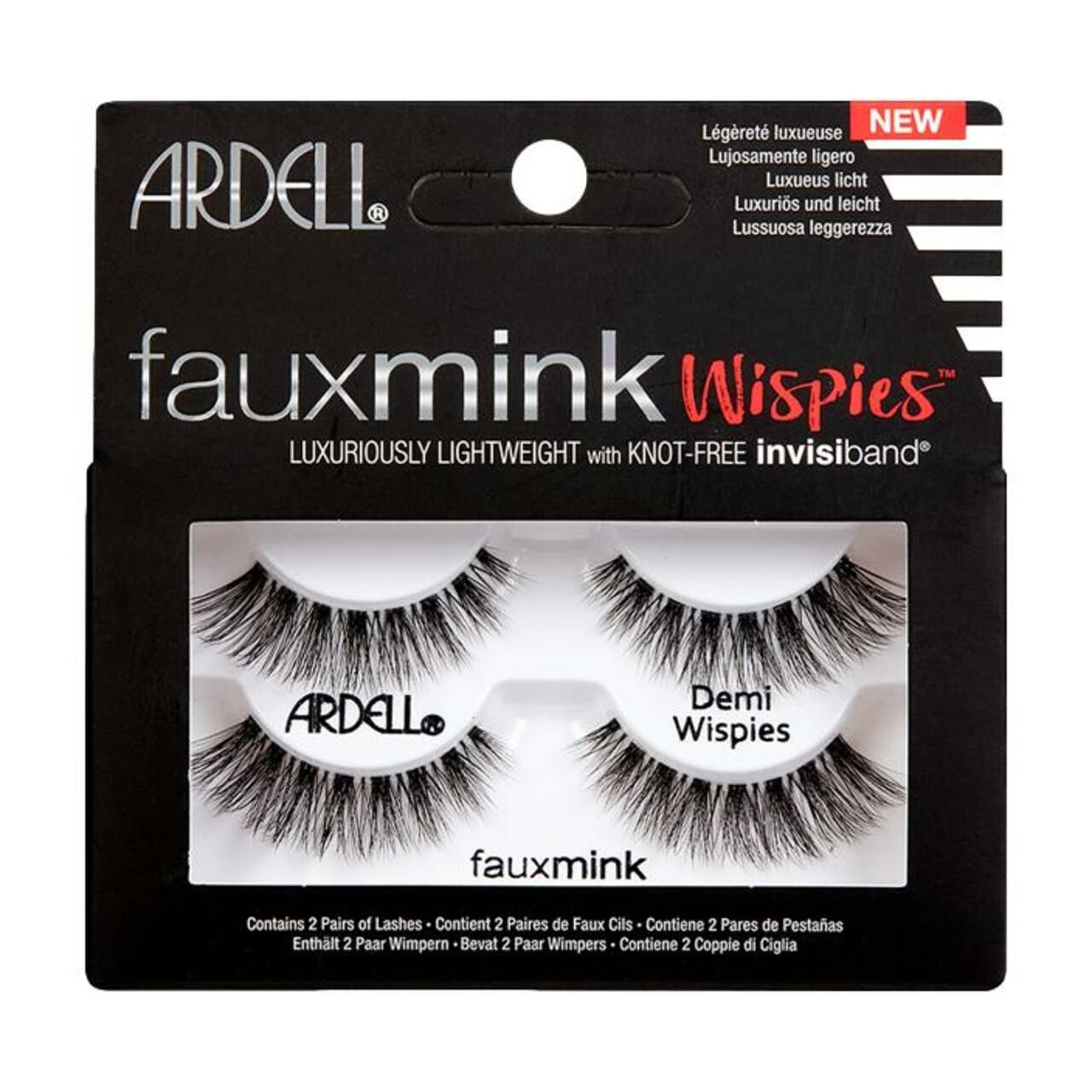 ARDELL Faux Mink Wispies Twinpack. Schwarze Wimpern in Verpackung. Enthält 2 Paar. Text: fauxmink, Demi Wispies.