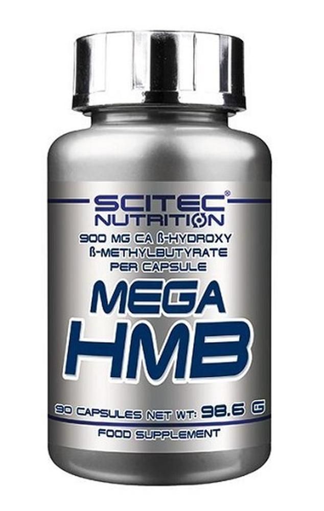 Silberne Flasche mit Schraubverschluss. Aufschrift: Scitec Nutrition, Mega HMB, 90 Kapseln, Nahrungsergänzungsmittel.