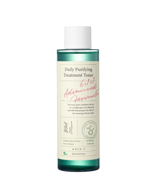 Eine Flasche mit weißem Deckel und grünem Hals. Aufschrift: Daily Purifying Treatment Toner, Advanced Formula. AXIS-Y.