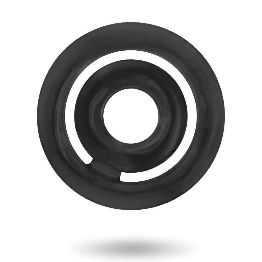 Schwarzer C-Ring mit zwei konzentrischen Ringen und einer Öffnung. Aus Gummi. Auf weißem Hintergrund.