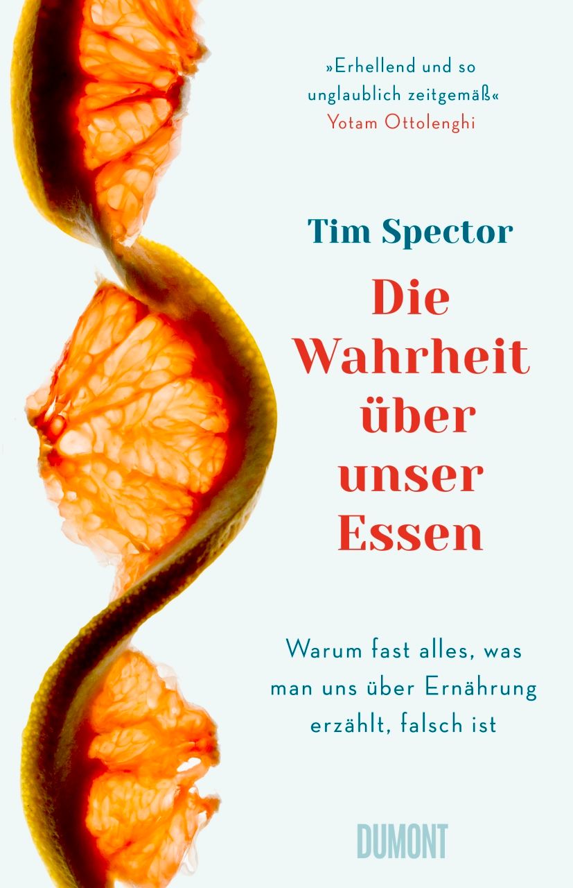 Buchcover mit Titel "Die Wahrheit über unser Essen". Orangefarbene Grapefruit-Scheiben, Autor Tim Spector, Verlag Dumont.