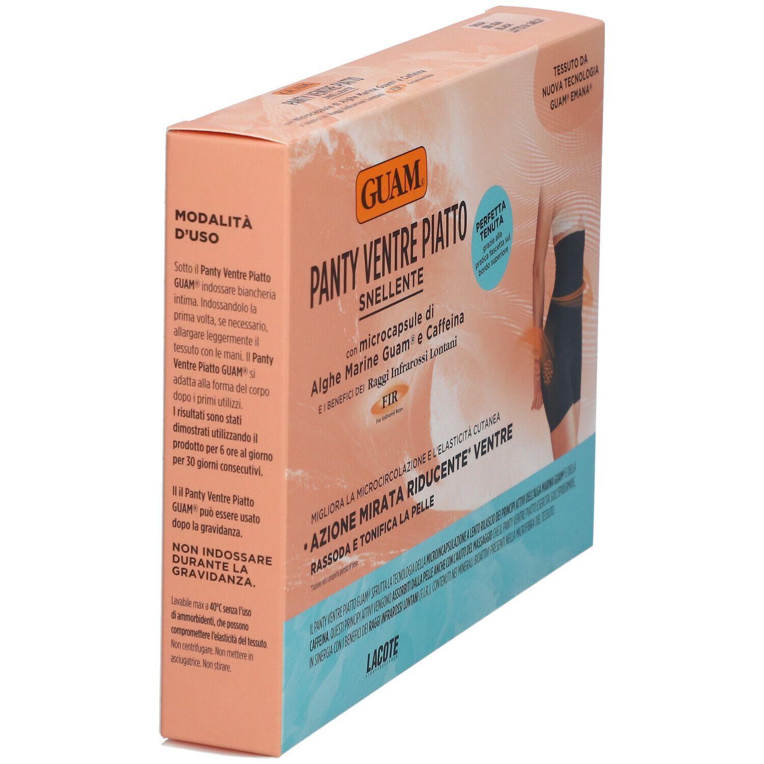 Confezione GUAM® Panty Ventre Piatto Snellente, vista laterale. Testo e illustrazione. Include informazioni sull'uso e gli ingredienti.