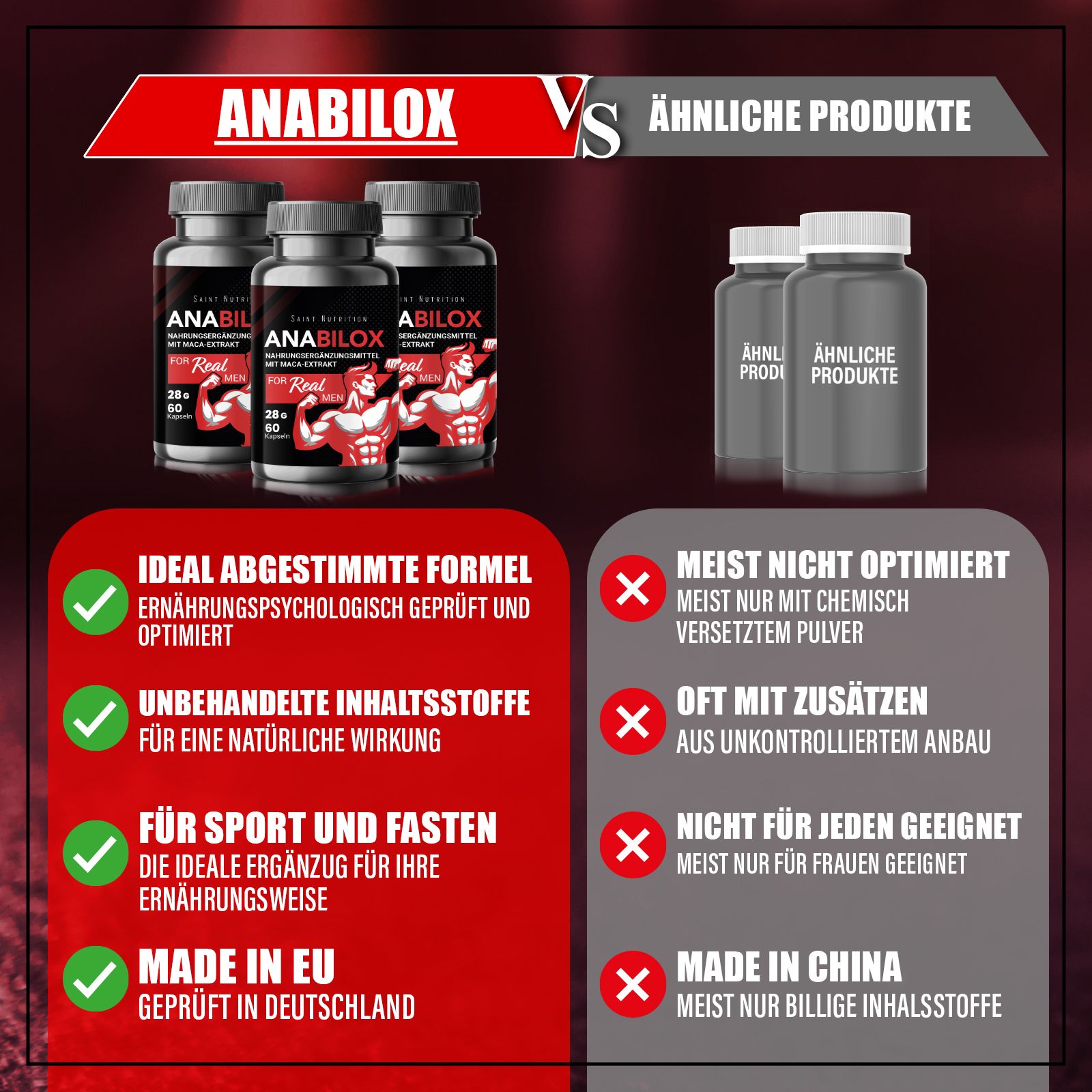 Vergleich von ANA-BILOX mit ähnlichen Produkten. ANA-BILOX: Ideal, natürliche Inhaltsstoffe, für Sport, Made in EU. Andere: Nicht optimiert, Zusätze, nicht geeignet.