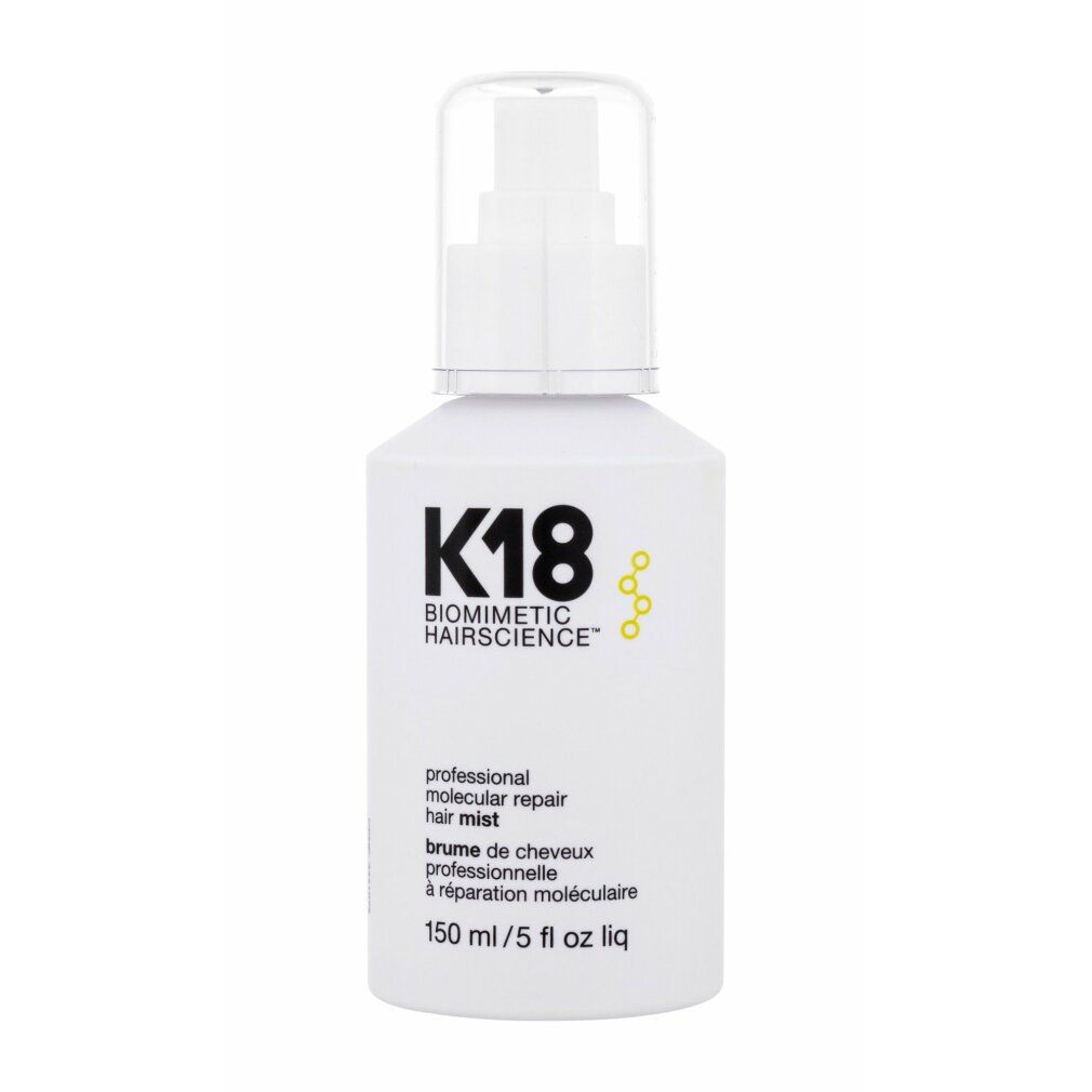 Weiße Flasche mit Sprühkopf. Aufschrift: K18 BIOMIMETIC HAIRSCIENCE, professional molecular repair hair mist, 150 ml.