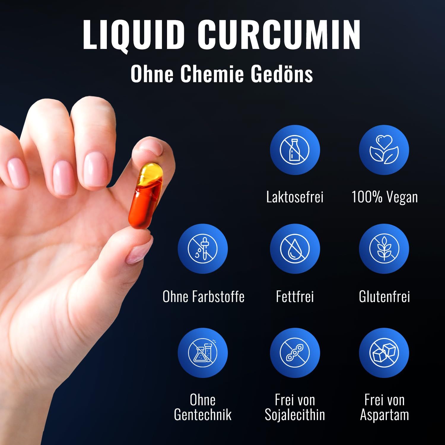 Kapsel in der Hand. Text: Ohne Chemie Gedöns. Icons: Laktosefrei, 100% Vegan, Ohne Farbstoffe, Fettfrei, Glutenfrei, Ohne Gentechnik.