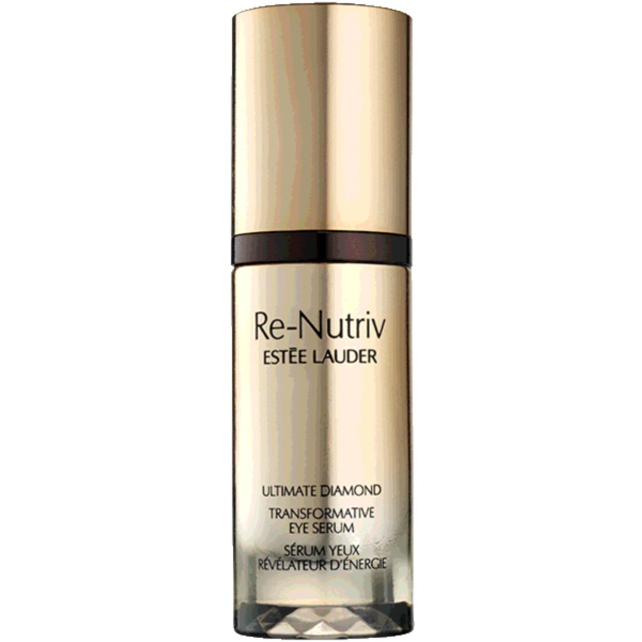 Goldfarbene Flasche mit Deckel. Schriftzug: Re-Nutriv, Estée Lauder. Produktbezeichnung: Ultimate Diamond Transformative Eye Serum.