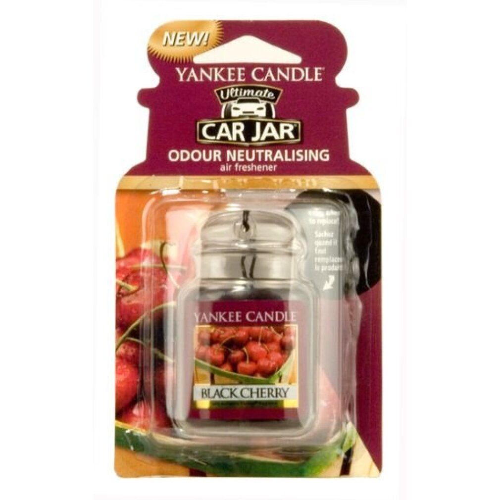 Yankee Candle Autoerfrischer. Schwarzkirsche-Duft. In Verpackung. Glasbehälter mit Metallverschluss. Aufschrift: "NEW!" und "CAR JAR".