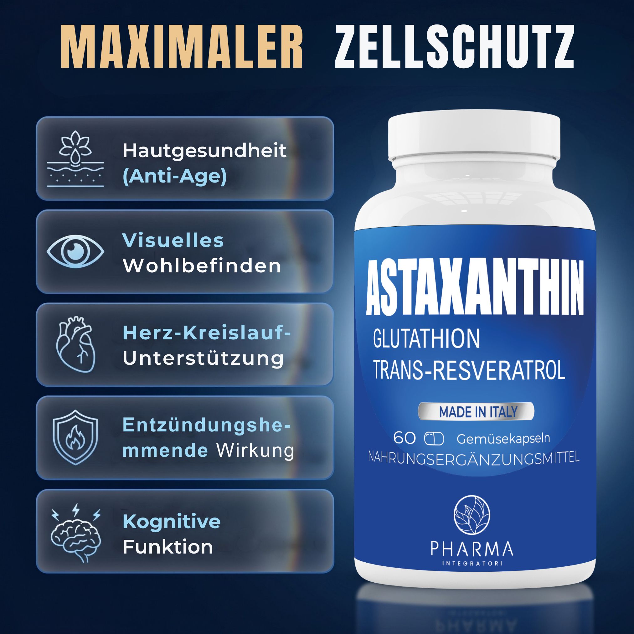 Astaxanthin Kapseln: Dose mit Hinweisen zu Haut, Augen, Herz, Entzündungen, Kognition.