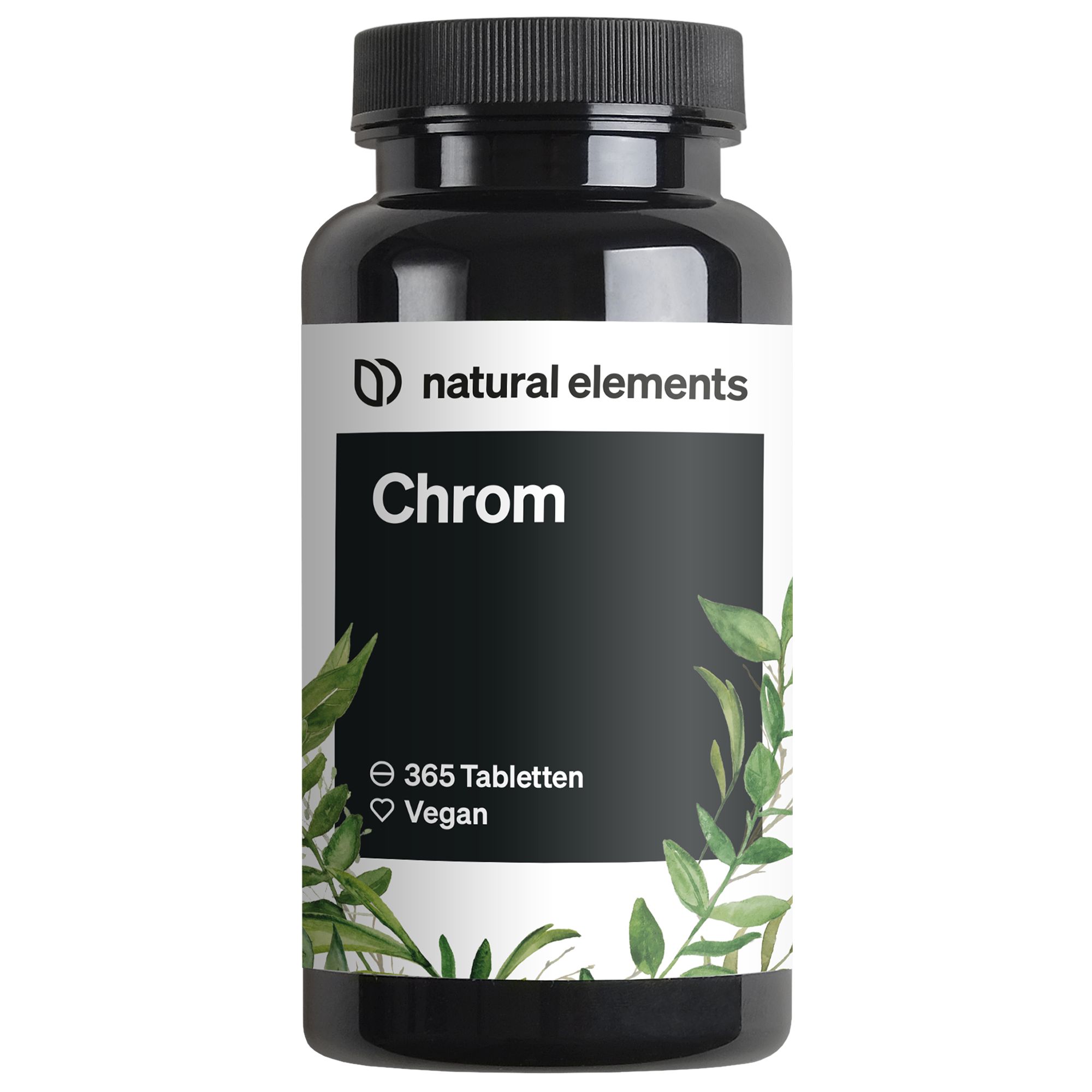 Schwarze Flasche mit "natural elements Chrom"-Etikett. Enthält 365 Tabletten. Vegan.