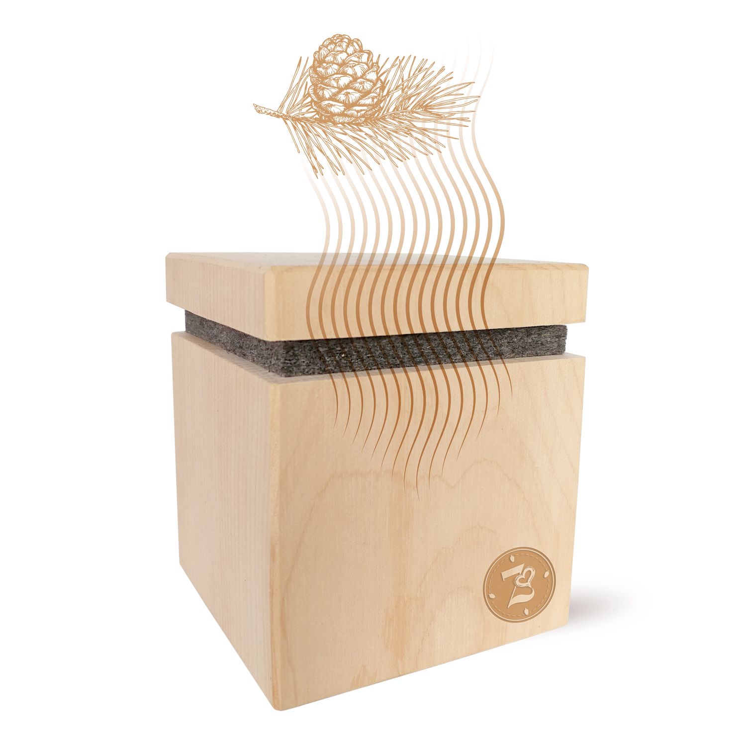 Holzbox mit Filz, darüber eine Kiefernzapfen-Zeichnung. Box mit quadratischer Form, helles Holz. Logo: ZirbenFamilie.  Duftwolken-Illustration.