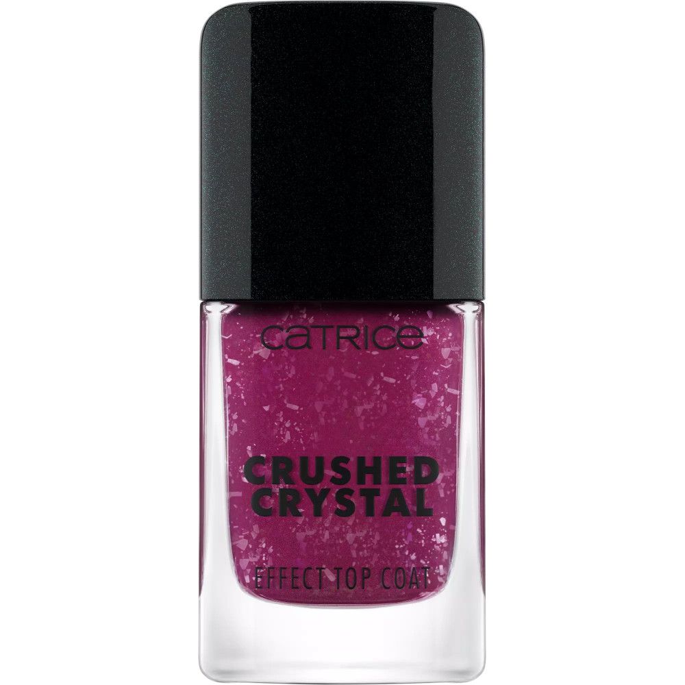 Glasflasche mit schwarzem Deckel. Aufschrift "Catrice" und "Crushed Crystal Effect Top Coat". Inhalt: pinkfarbener Nagellack mit Glitzer.