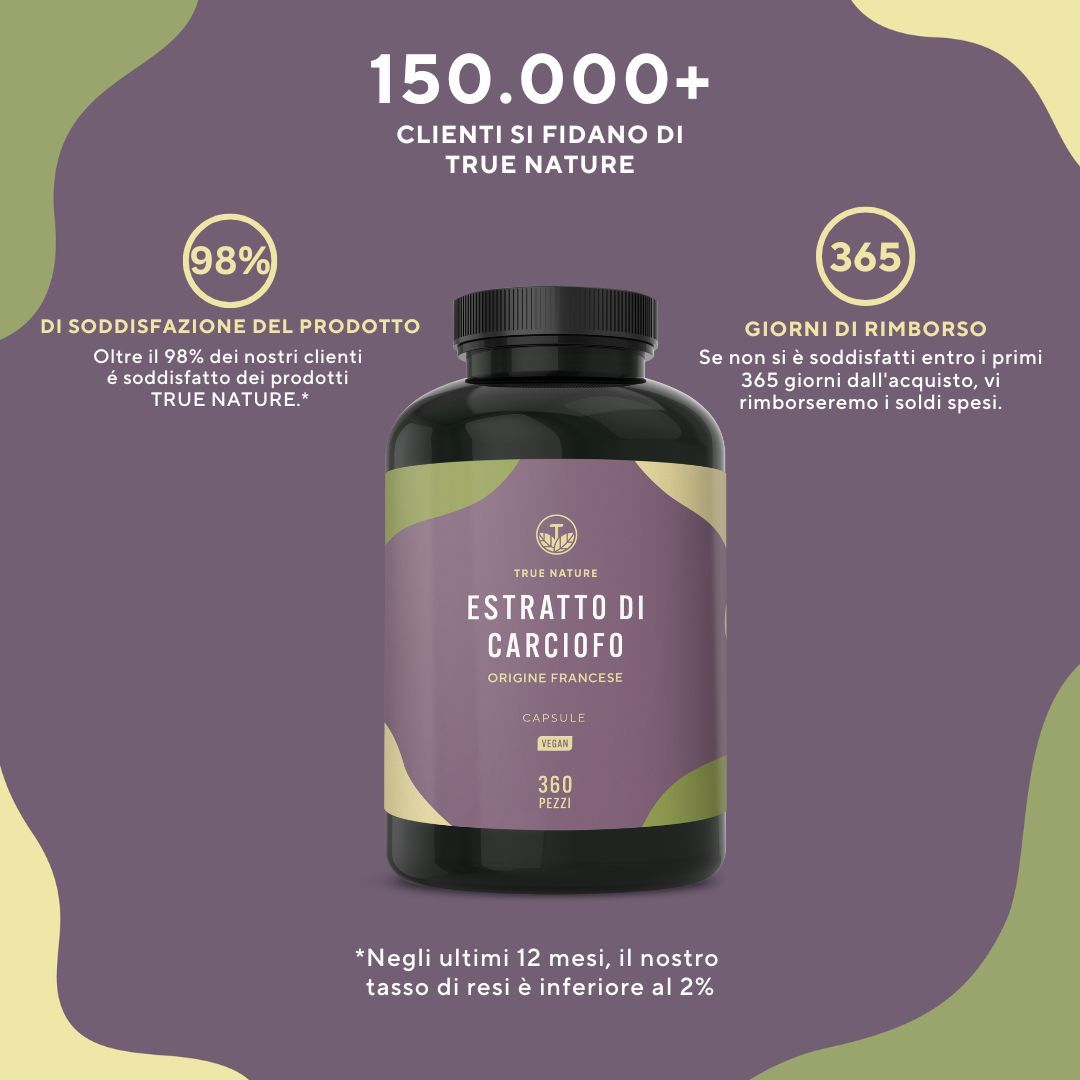 Flacone con testo: Estratto di carciofo, origine francese, capsule, 360 pezzi. Testo: 98% di soddisfazione, rimborso di 365 giorni.