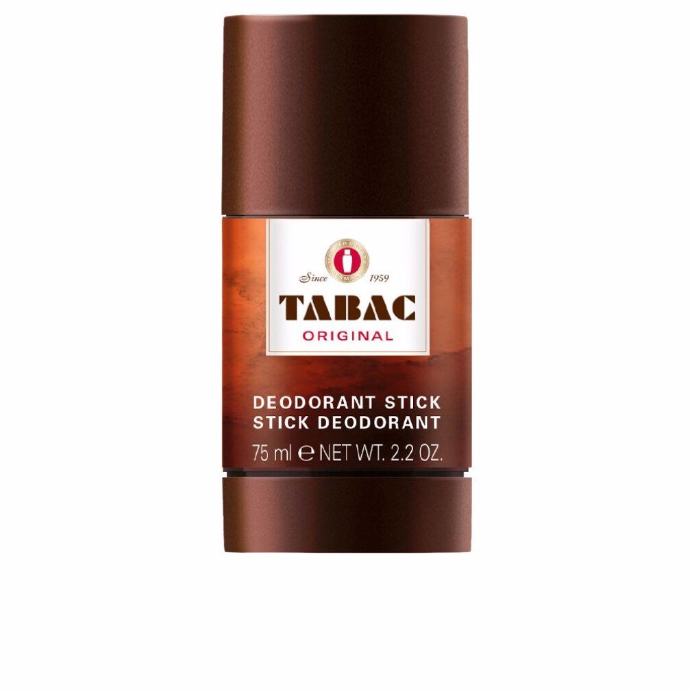 Deo-Stick Tabac Original. Braune Verpackung mit weißem Etikett. Text: Deodorant Stick, 75 ml.