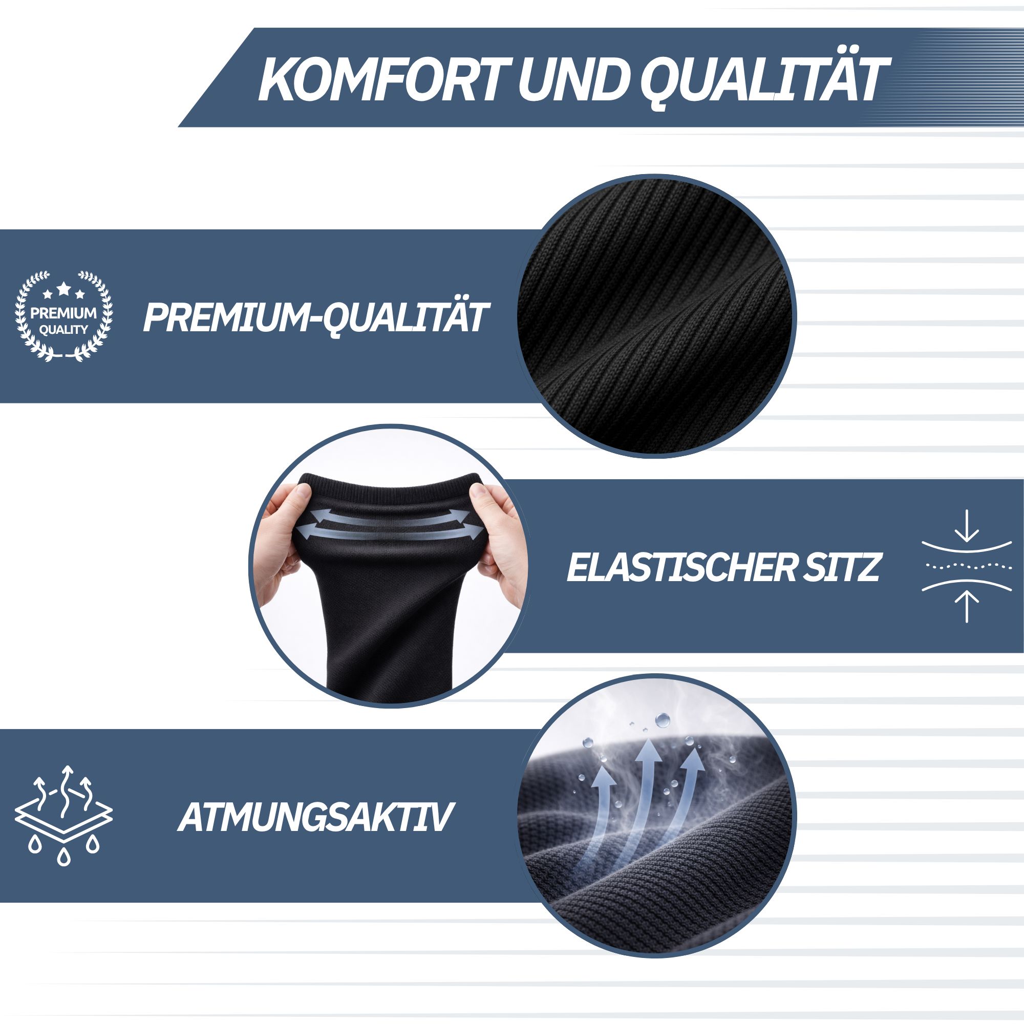 Schwarze Kompressionssocken mit elastischem Bund und atmungsaktivem Material. Premium-Qualität.