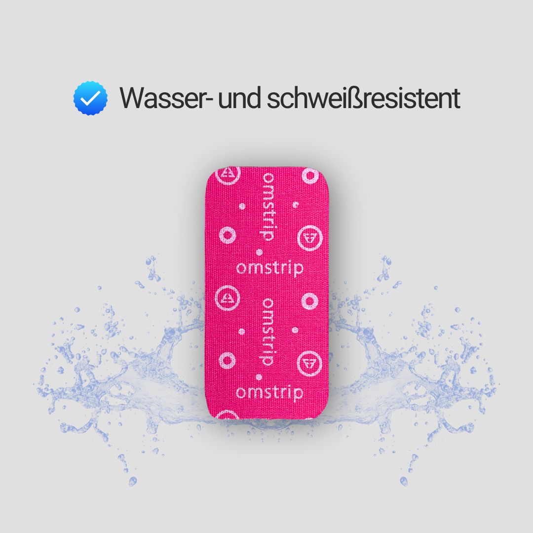 Pinkfarbenes Omstrip-Tape mit weißem Logo. Text: Wasser- und schweißbeständig.