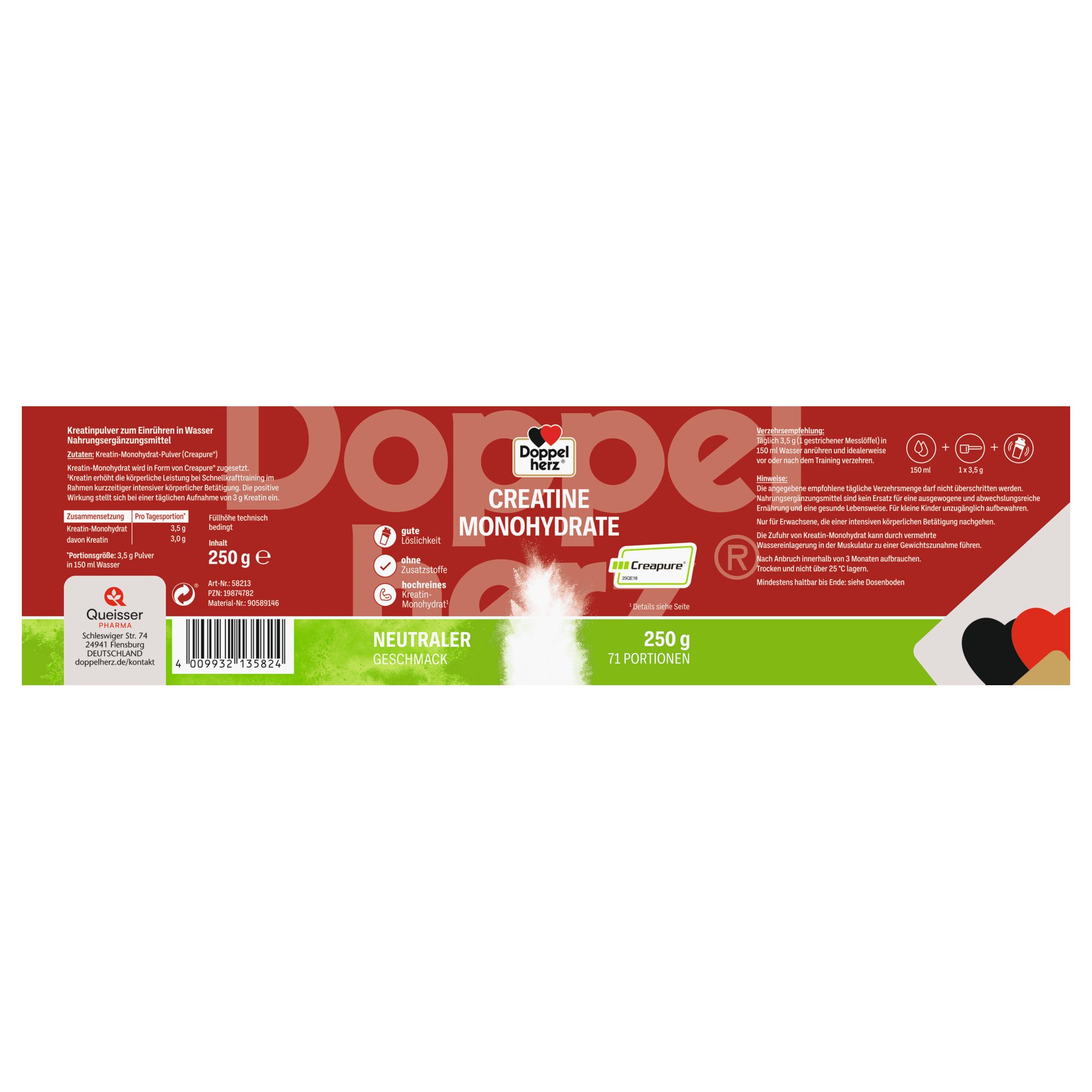 Verpackung Creatin Monohydrat. Aufschrift: Creatine Monohydrate, 250g, 71 Portionen. Mit Creapure® Qualität. Neutraler Geschmack.