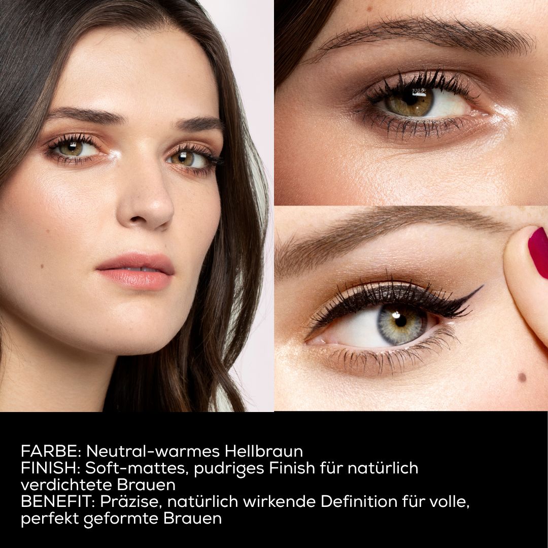 Drei Nahaufnahmen von Augen und Augenbrauen. Text beschreibt die Farbe, das Finish und den Nutzen des Produkts.