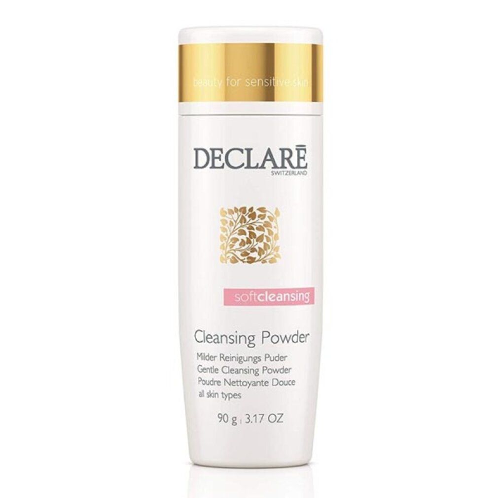 Weißer Behälter mit goldener Kappe. DECLARÉ-Logo und Produktbezeichnung 'softcleansing' in Rosa. Text: 'Cleansing Powder'.