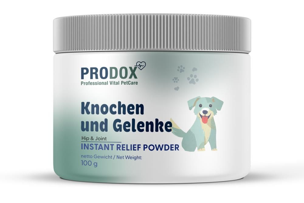 Dose PRODOX Knochen und Gelenke Pulver. Weißer Behälter mit blauer Schrift und Hund-Illustration. "Instant Relief Powder".