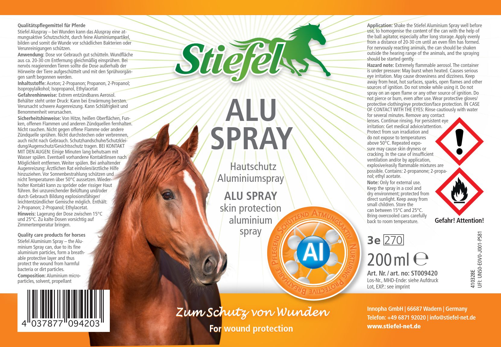 Etikett der Marke Stiefel. Produktname: ALU SPRAY. Hautschutz für Pferde. Enthält Warnhinweise und Informationen. 200 ml.