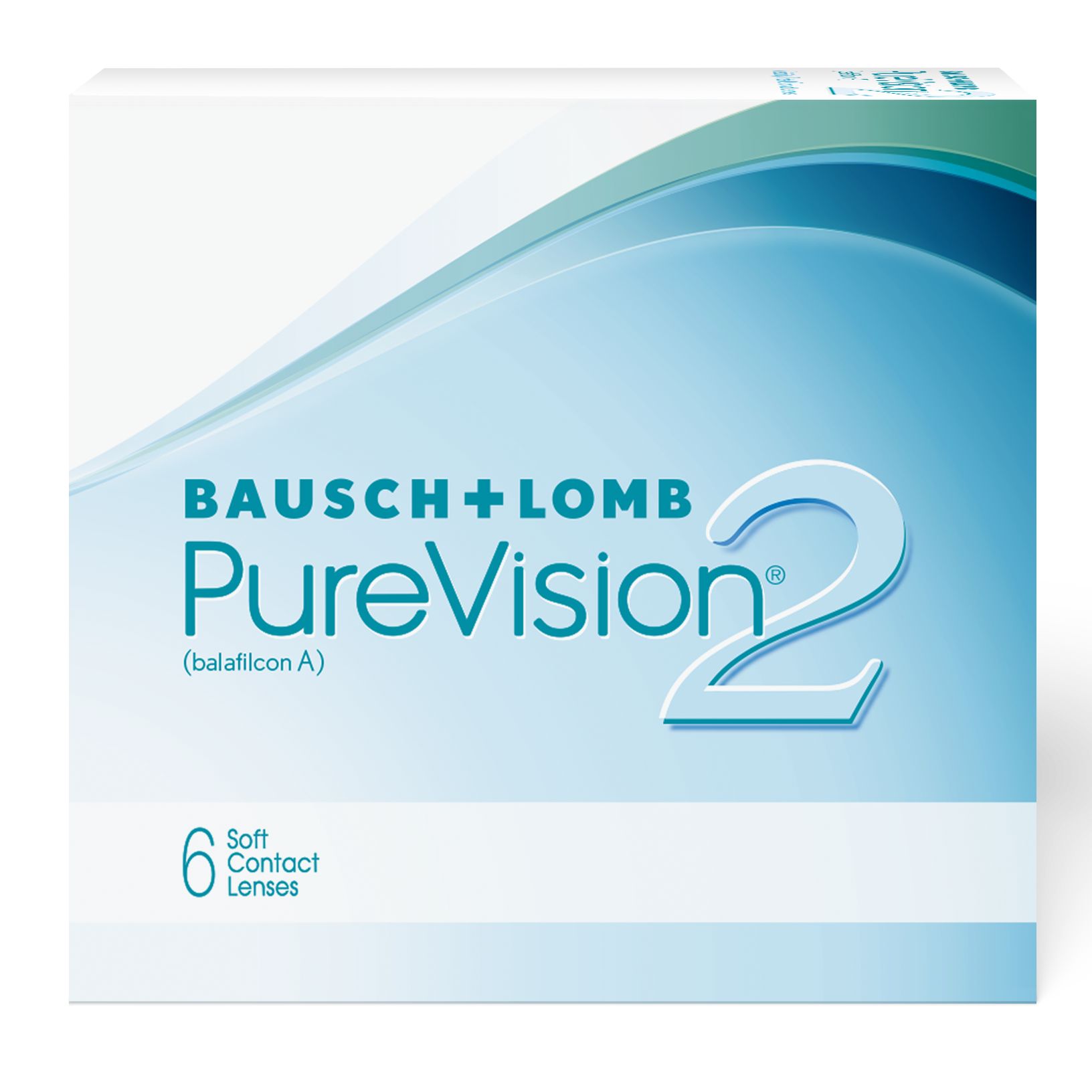 Verpackung von Bausch+Lomb PureVision 2 Kontaktlinsen. Sechs Linsen in einer quadratischen, weißen Schachtel mit blauen Akzenten.