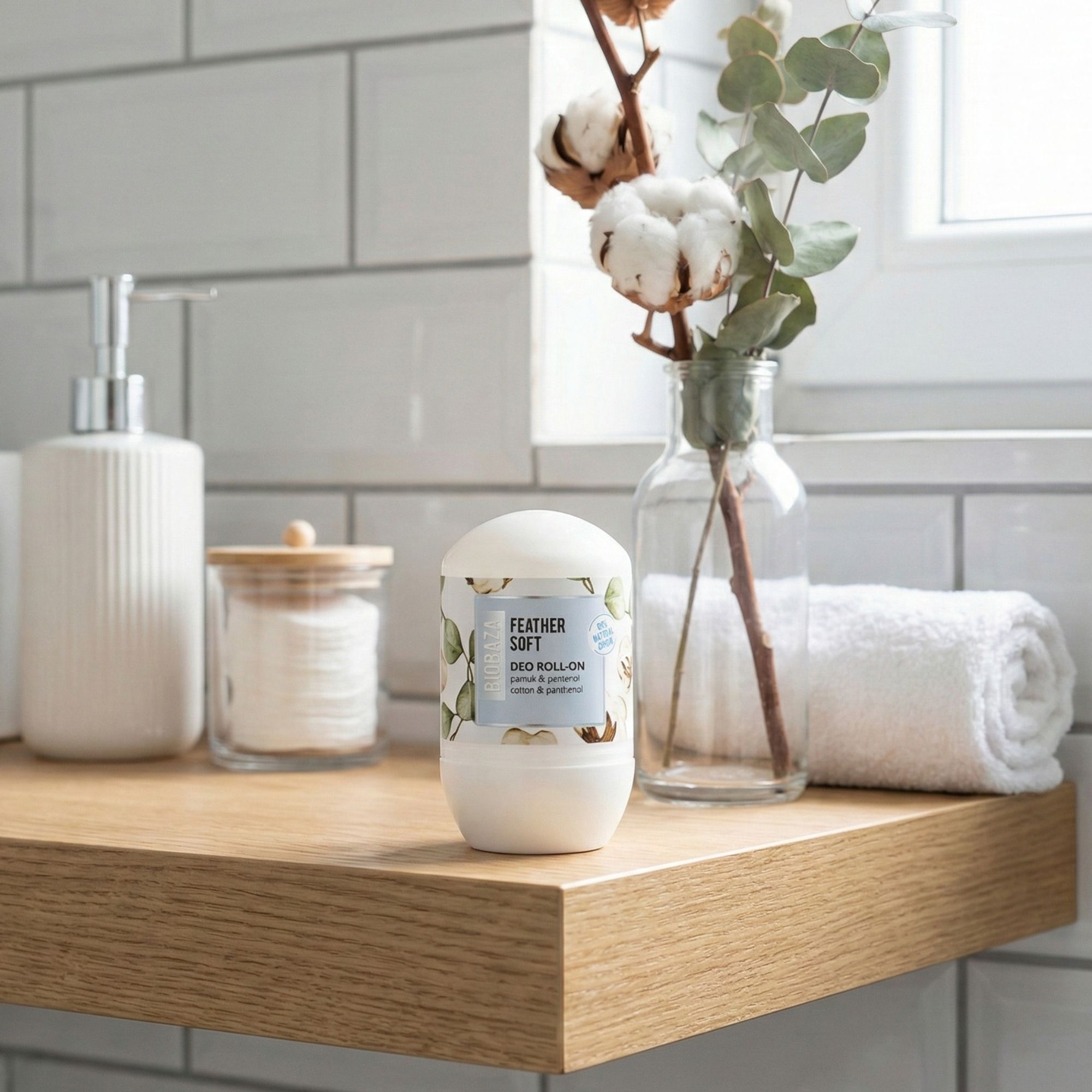 Weißer Deo Roll-On auf Holzregal. Aufschrift: Feather Soft, Deo Roll-On. Neben Dekorationen: Vase, Seifenspender.