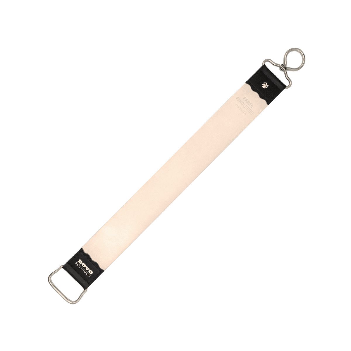 Lederriemen mit Metallringen. Schwarze Lederbesätze mit Logo. Aufschrift: DOVO SOLINGEN. Helles Leder.