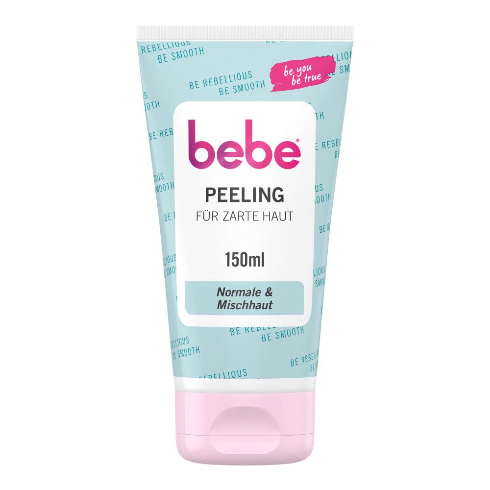 Türkis-rosa Tube mit "bebe" und "Peeling" Schriftzug. 150ml. Für zarte Haut. Für normale & Mischhaut.