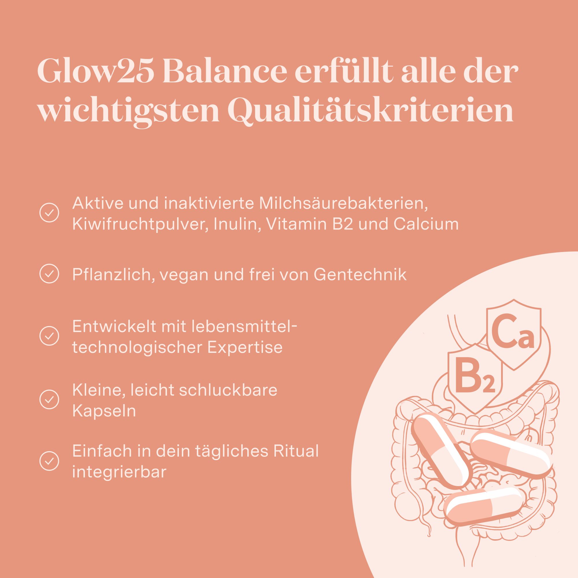 Infografik mit Text und Illustrationen. Kapseln, Darm, Vitamin B2 und Calcium.