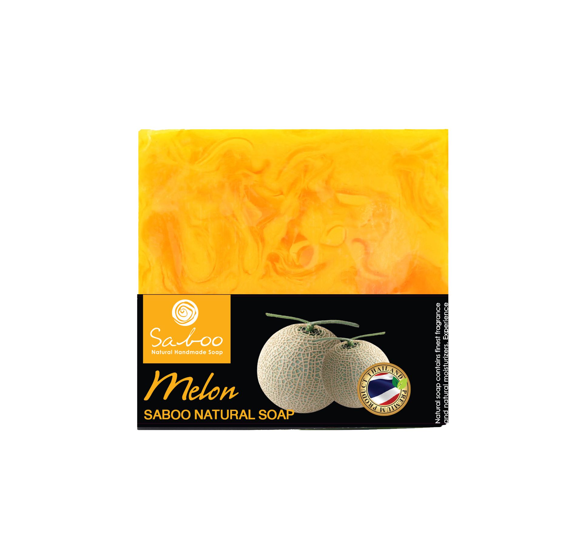 Gelbe Seife mit Melonen-Motiv und Schriftzug "Saboo". Schwarze Verpackung mit Produktnamen und Logo.