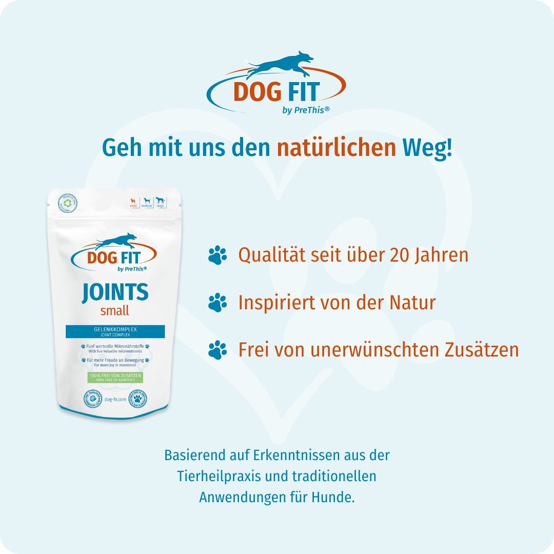 Produktverpackung DOG FIT JOINTS small. Text: Qualität seit über 20 Jahren, inspiriert von der Natur, frei von Zusätzen.