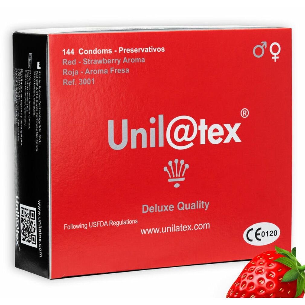 Rote Unil@tex-Verpackung, 144 Kondome, Erdbeeraroma. Erdbeere daneben. CE-Kennzeichnung.
