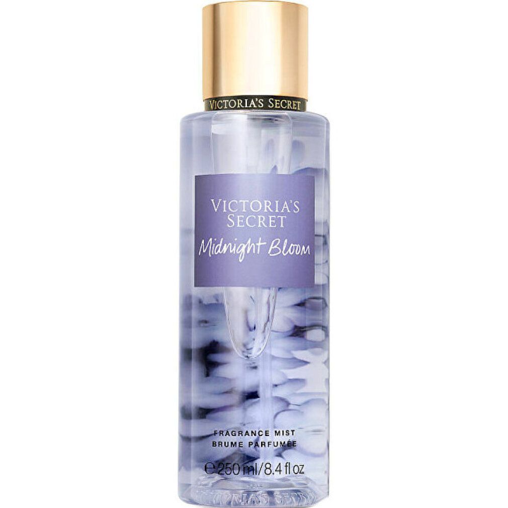 Victoria's Secret Midnight Bloom Körpernebel, Flasche mit lila und blauen Blütenblättern.