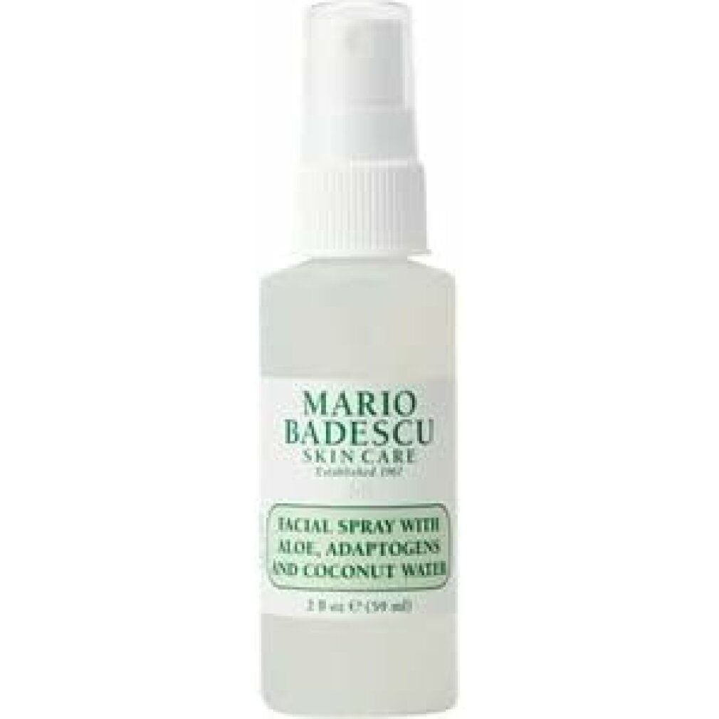 Klarflüssiges Spray in einer weißen Flasche. Beschriftung: Mario Badescu Skin Care. Text: Facial Spray mit Aloe, Adaptogenen und Kokoswasser.