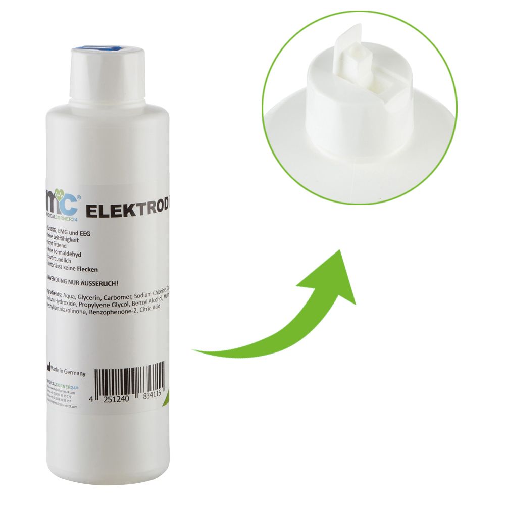 Flasche Elektrodengel mit Nahaufnahme des Klappverschlusses, hervorgehoben durch einen grünen Pfeil.