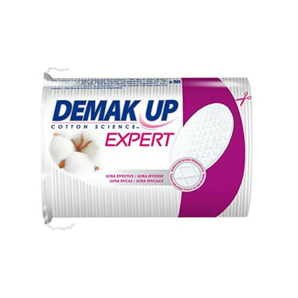 Verpackung mit Wattepads. Aufdruck: Demak'Up Expert, Cotton Science. Lila und weiße Verpackung. Enthält 50 Stück. Ultra efficace.