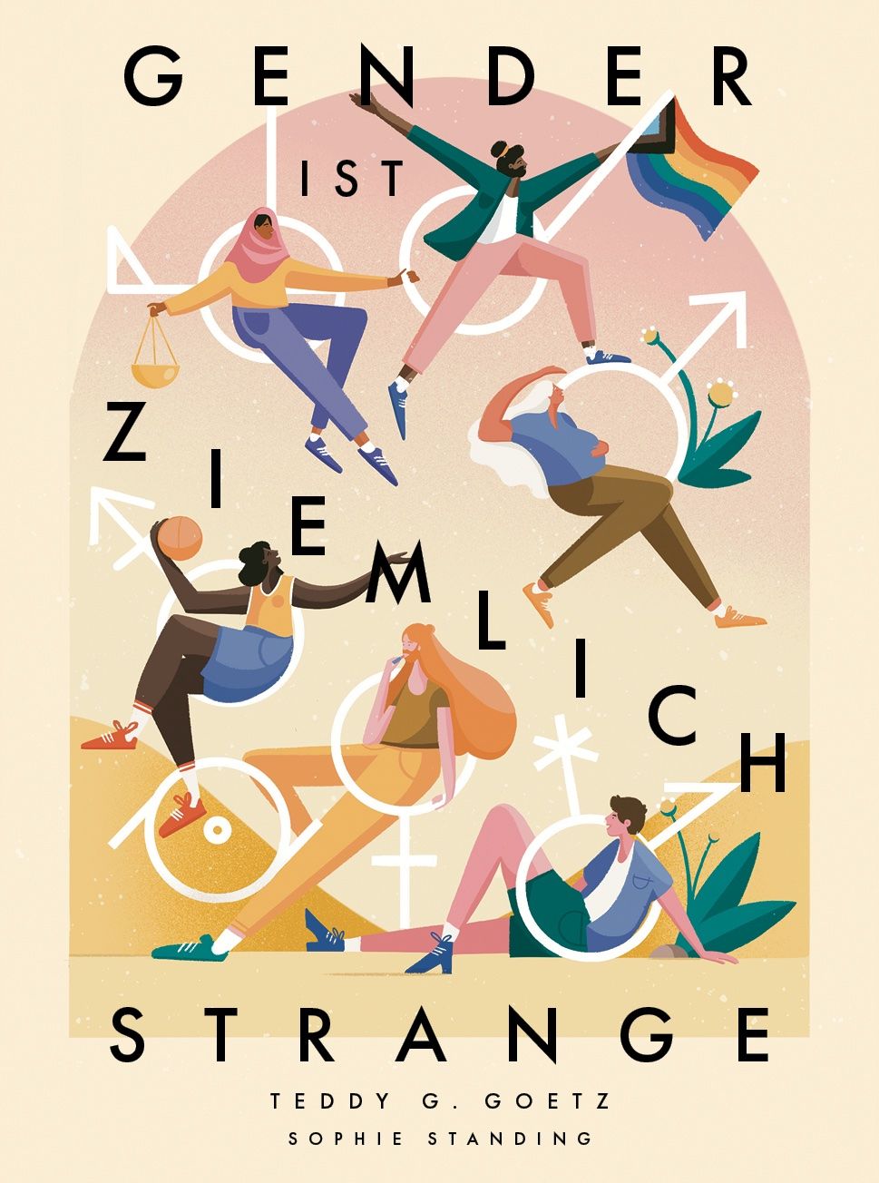 Illustration mit Figuren und Text. Titel: GENDER IST ZIEMLICH STRANGE. Autoren: Teddy G. Goetz, Sophie Standing. Figuren mit Symbolen.