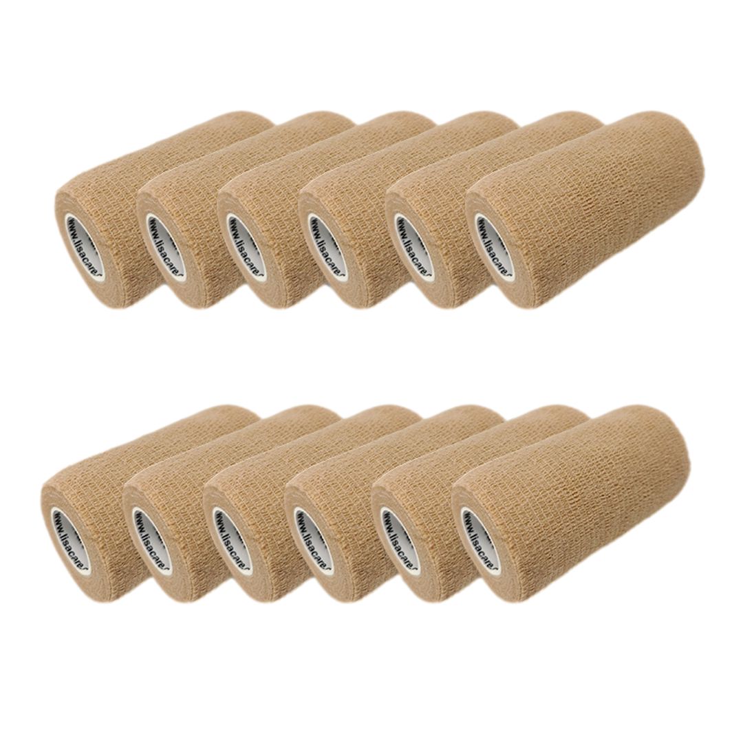 Zehn beige Bandagenrollen. Auf jeder Rolle ist das Logo LisaCare sichtbar.