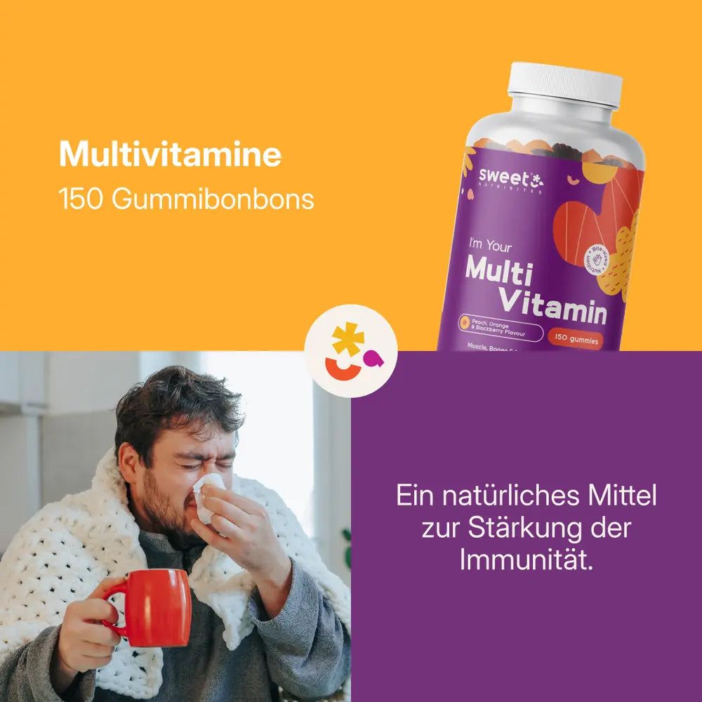 Mann niest, hält eine Tasse. Flasche Sweet Nutribites Multivitamin. Text: Ein natürliches Mittel zur Stärkung der Immunität.