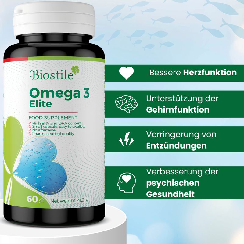 Biostile Omega 3 Elite. Flasche mit 60 Kapseln. Aufschrift: Nahrungsergänzungsmittel. Vorteile: Herzfunktion, Gehirn, Entzündungen, Gesundheit.