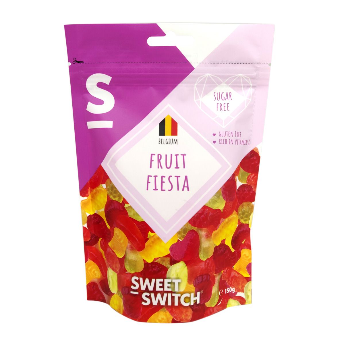 Beutel mit Fruchtgummis. Aufschrift: Fruit Fiesta, Sugar Free, Gluten Free, Reich an Vitaminen. Marke: Sweet Switch.