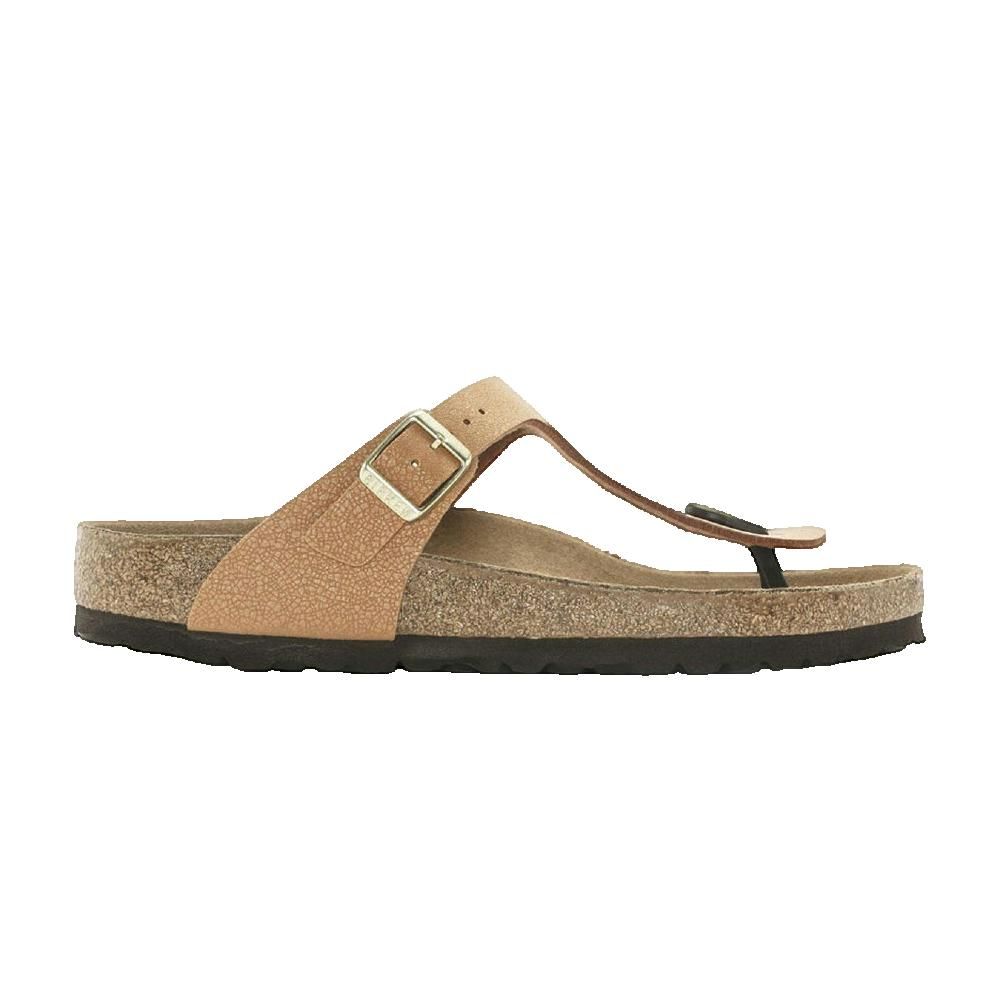 Sandalo Birkenstock Gizeh, pelle marrone, plantare in sughero, fibbia regolabile.